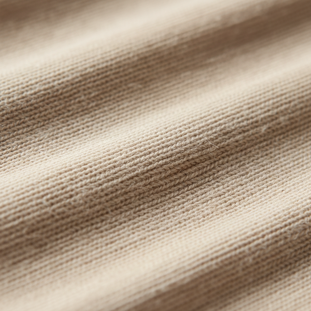 Close-up of soft ribbed organic cotton fabric texture in warm oat colour