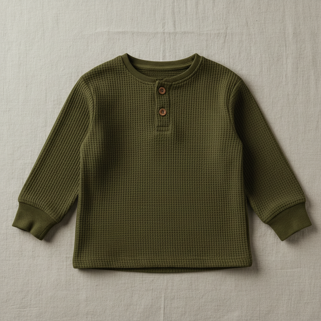 Flat lay of Organic Cotton Waffle Knit Henley in Forest Green