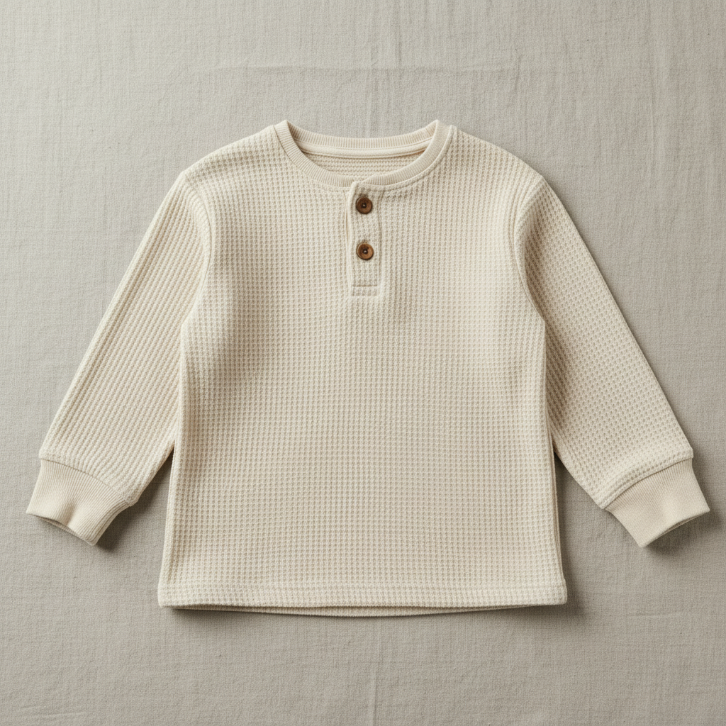 Flat lay of Organic Cotton Waffle Knit Henley in Warm Oat