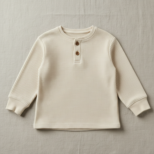Flat lay of Organic Cotton Waffle Knit Henley in Warm Oat