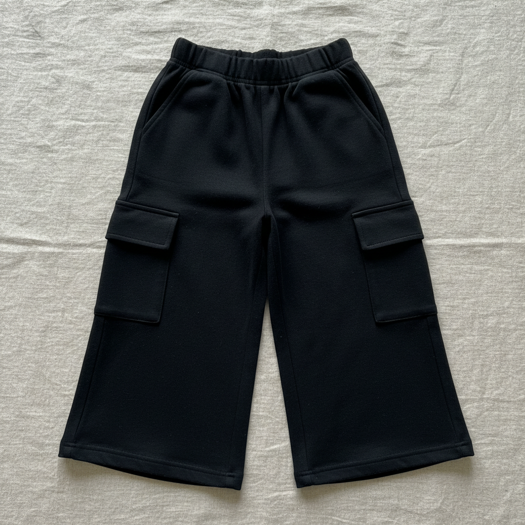 Flat lay of Organic Cotton Wide-Leg Cargo Pant in Black