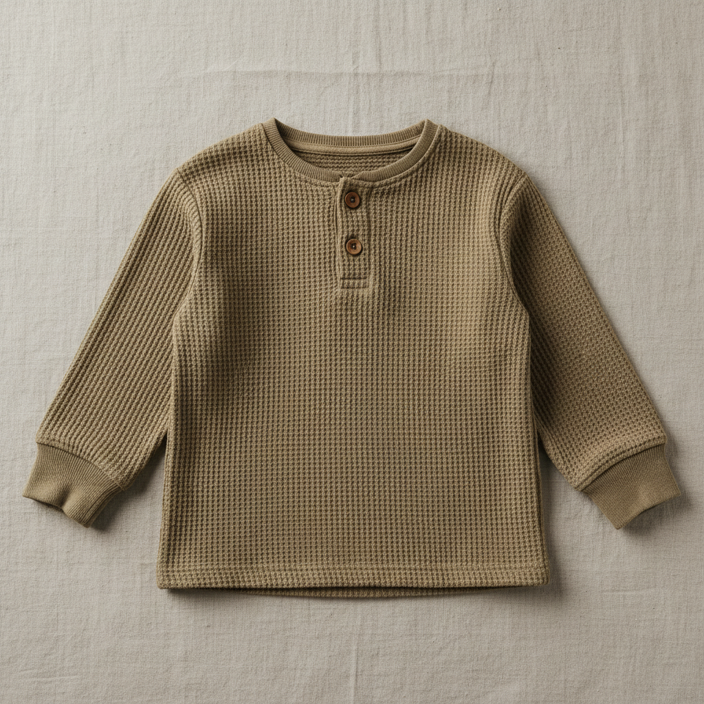 Flat lay of Organic Cotton Waffle Knit Henley in Warm Gray