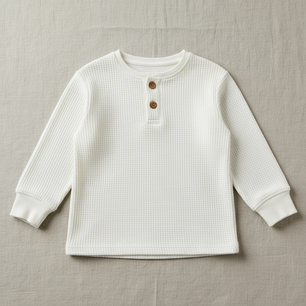 Flat lay of Organic Cotton Waffle Knit Henley in White