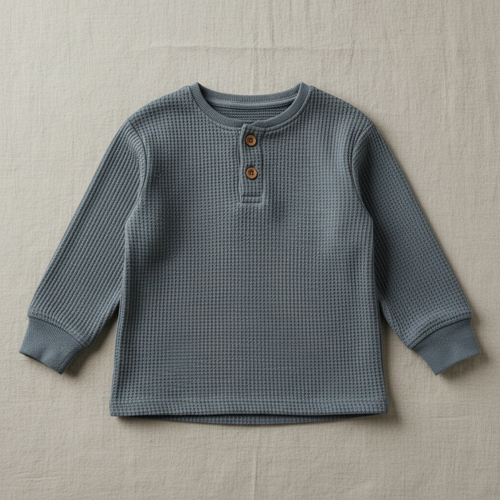 Flat lay of Organic Cotton Waffle Knit Henley in Slate Blue
