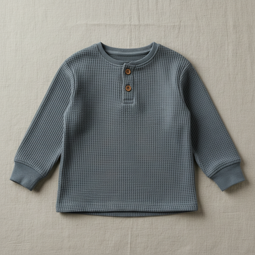 Flat lay of Organic Cotton Waffle Knit Henley in Slate Blue
