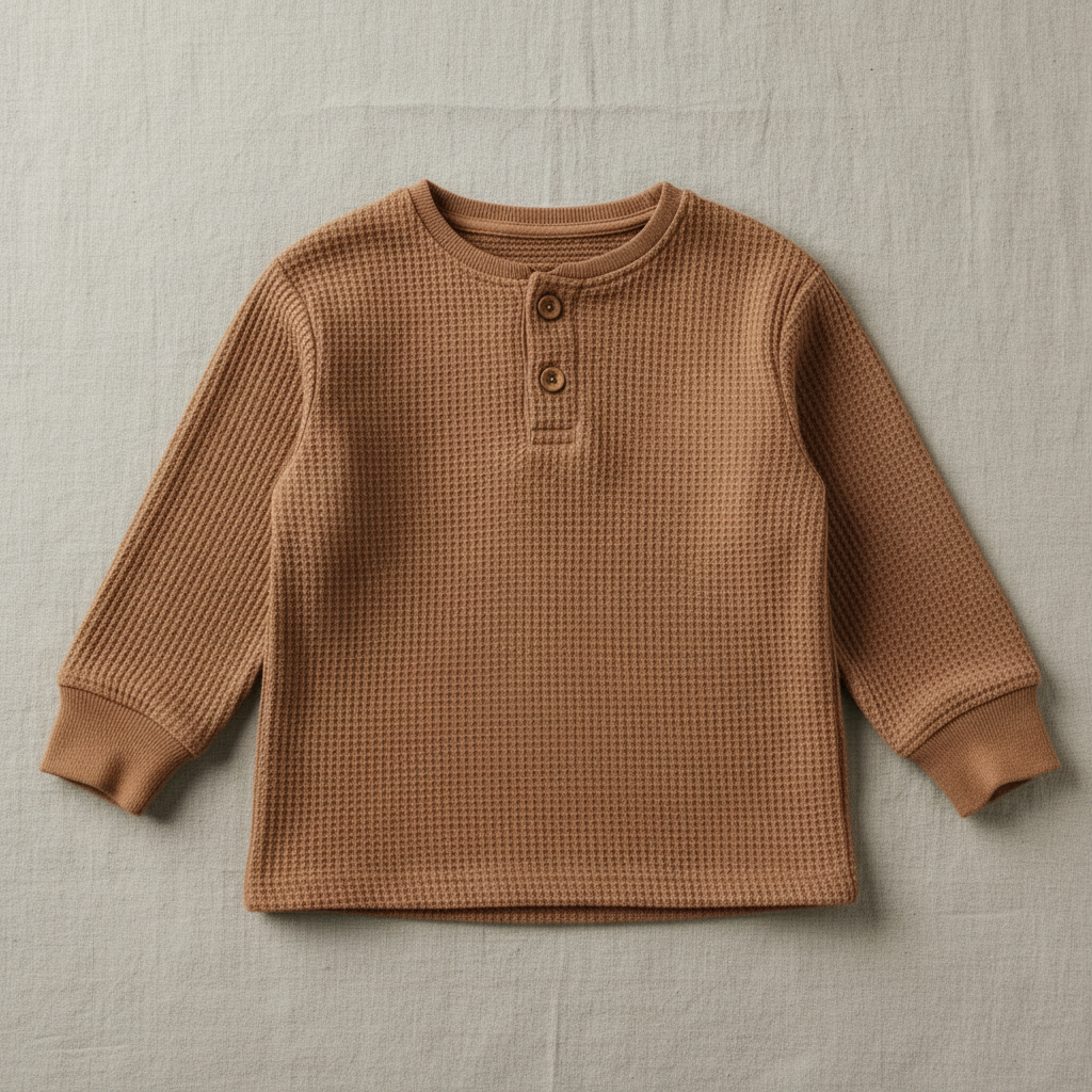Flat lay of Organic Cotton Waffle Knit Henley in Terracotta