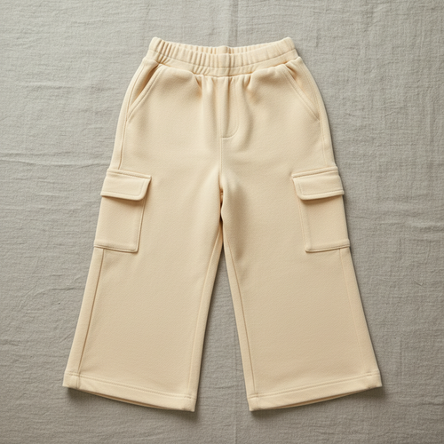 Flat lay of Organic Cotton Wide-Leg Cargo Pant in Warm Butter