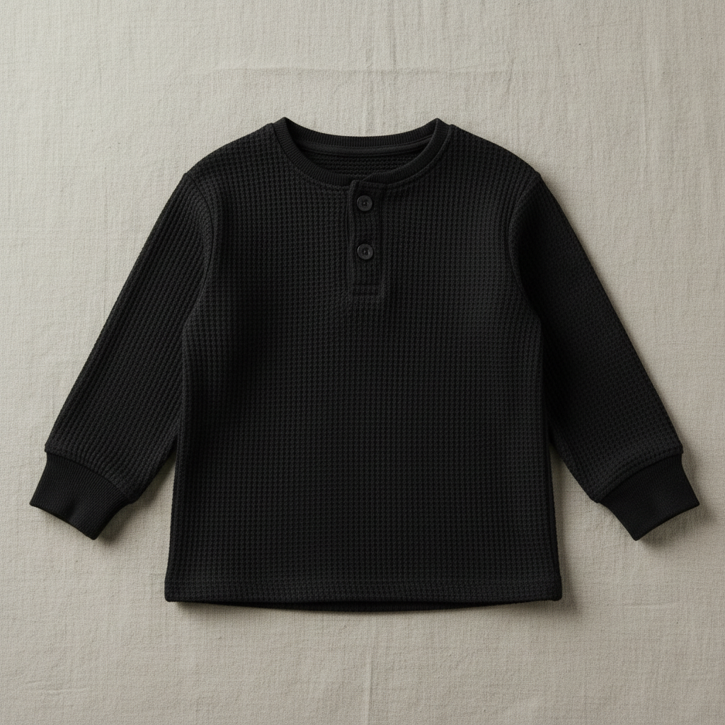 Flat lay of Organic Cotton Waffle Knit Henley in Black