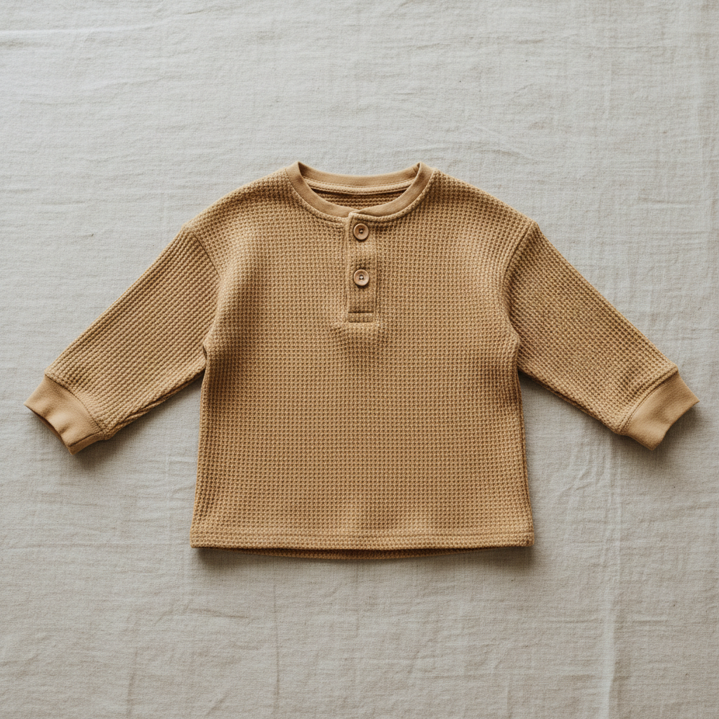 Flat lay of Organic Cotton Waffle Knit Henley in Harvest Gold