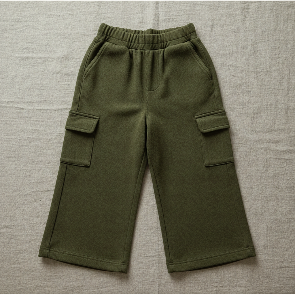 Flat lay of Organic Cotton Wide-Leg Cargo Pant in Forest Green