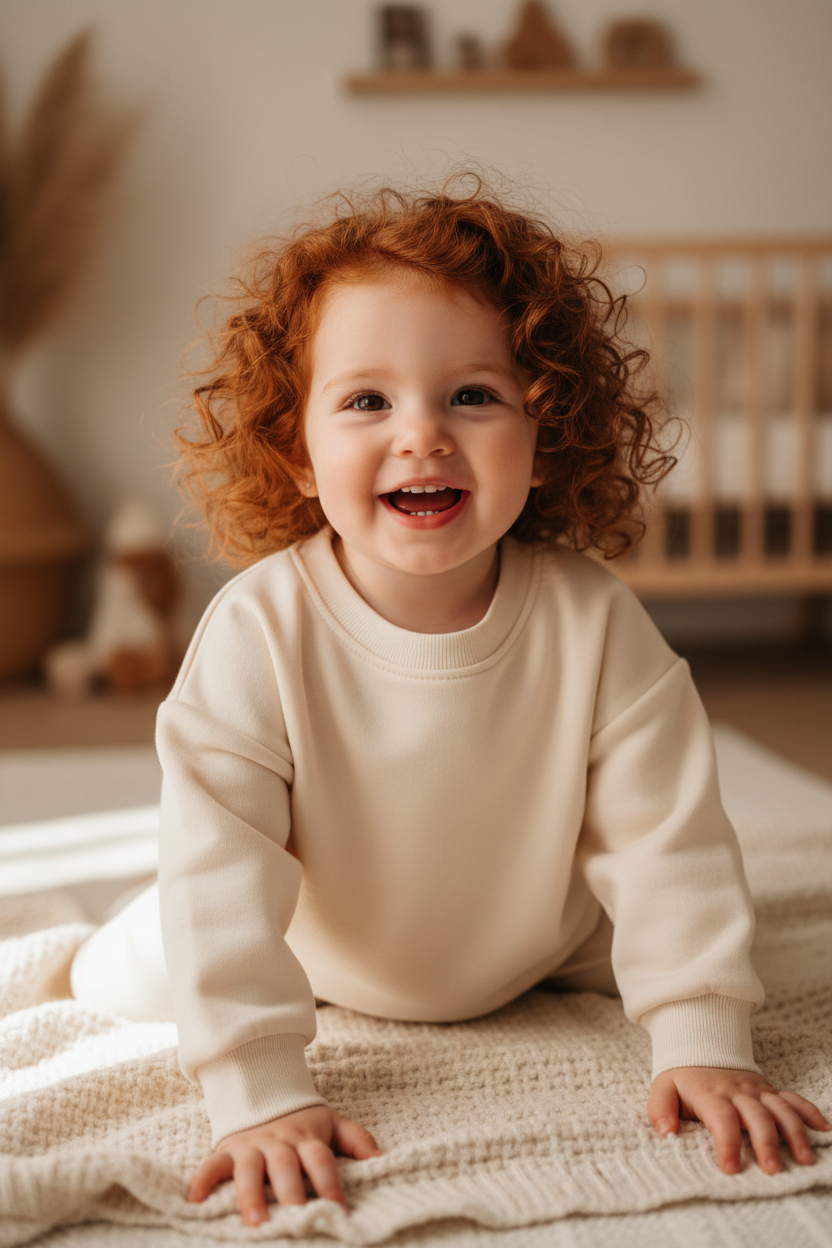 Toddler girl with red curly hair and brown eyes wearing an oat wide-neck organic cotton sweatshirt with roomy sleeves