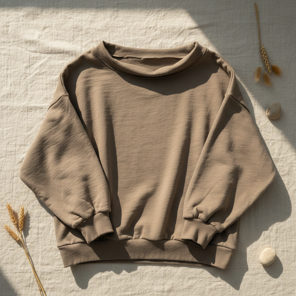 Flat lay of wide-neck organic cotton sweatshirt in warm grey on a linen surface