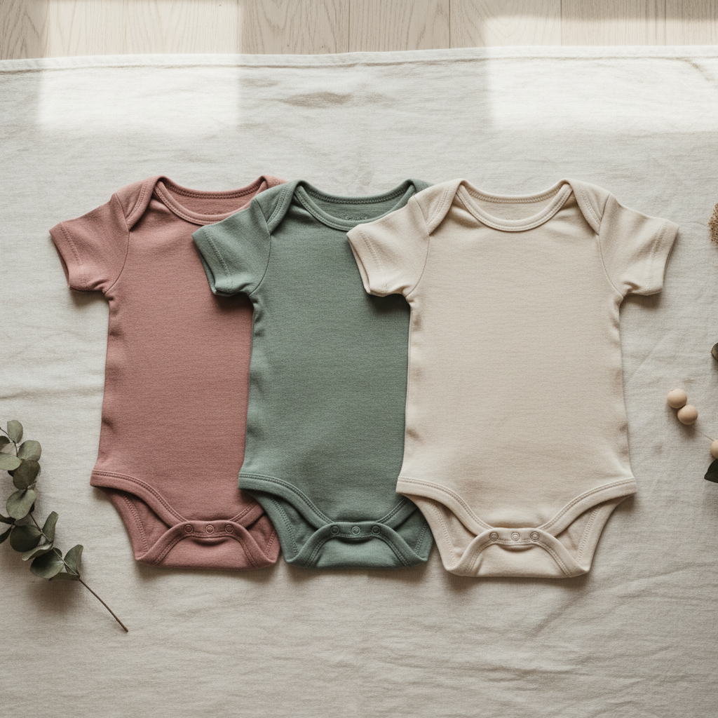 Flat lay of organic cotton baby bodysuits in dusty rose, sage, and oat on a warm linen surface