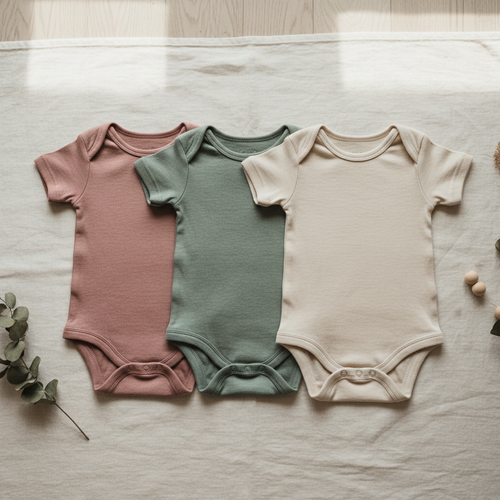 Flat lay of organic cotton baby bodysuits in dusty rose, sage, and oat on a warm linen surface