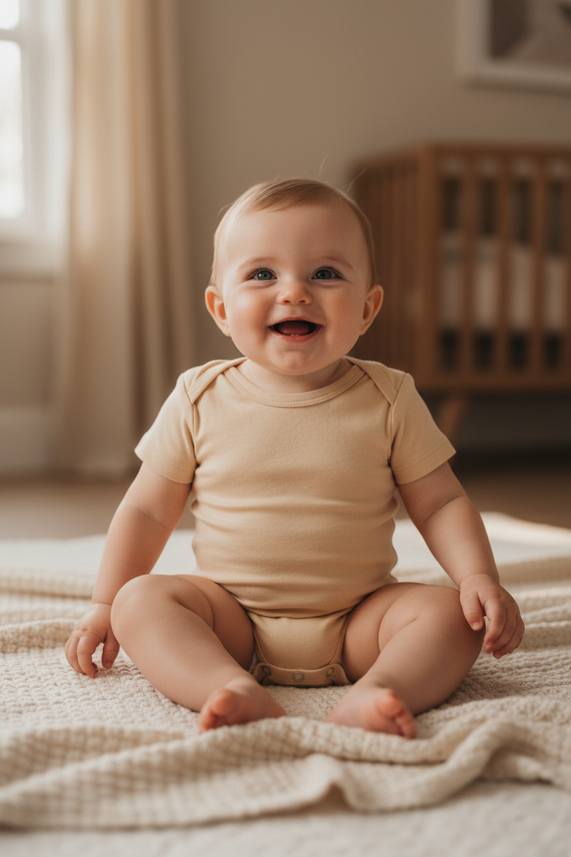 Lifestyle - Baby in Organic Cotton Bodysuit, plain front